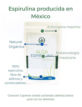 Alga Espirulina en polvo Hadosbiotec con Ingredientes naturales 100% Alga Espirulina Sin conservadores ni aditivos 100 g Hadosbiotec con alga espirulina de 100 g