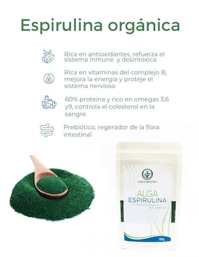 Alga Espirulina en polvo Hadosbiotec con Ingredientes naturales 100% Alga Espirulina Sin conservadores ni aditivos 100 g Hadosbiotec con alga espirulina de 100 g