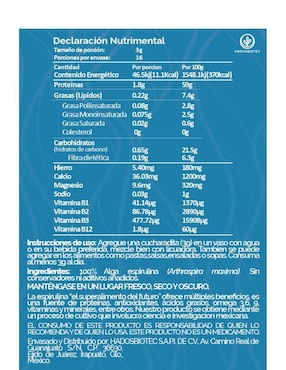 Alga Espirulina en polvo Hadosbiotec con Ingredientes naturales 100% Alga Espirulina Sin conservadores ni aditivos 100 g Hadosbiotec con alga espirulina de 100 g