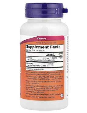 Vitamina D3 y K2 Now de 120 cápsulas