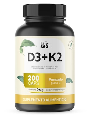 Suplemento D3+K2 Life360+ con Vitaminas K2  y D3 de 200 Cápsulas Life360+