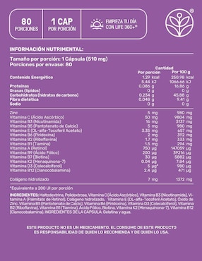 Multivitamínico para Mujer con Colágeno Hidrolizado, Biotina, Ácido Fólico, Vitamina A, C, D, B12 y Zinc, 80 Cápsulas. Life360+