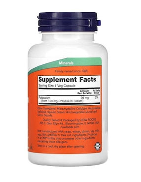 Citrato de potasio 99 mg Now con citrato de potasio de 180 cápsulas