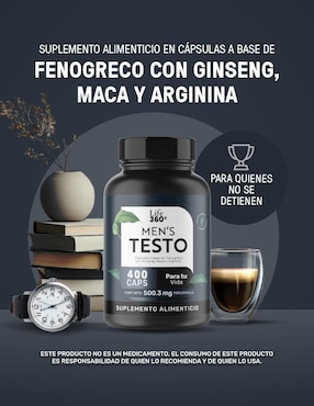 Mens Testo Suplemento para Hombre con Fenogreco, Maca, Magnesio, L- arginina y vitaminas de 400 Cápsulas Life360+