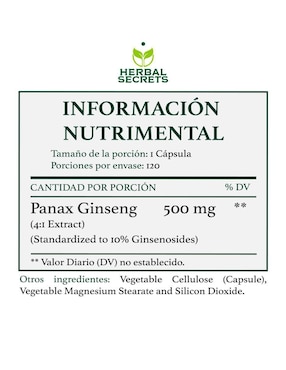 Panax ginseng 500 mg Herbal Secrets de 120 cápsulas