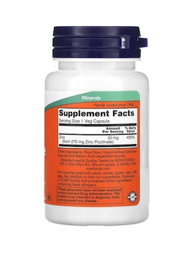 Picolinato de zinc, 50 mg, vegetales Now con zinc de 60 cápsulas