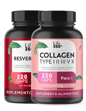 Pack Resveratrol + Colágeno Tipo I,II,III,V y X con ácido hialurónico Life360+ de 220 cápsulas
