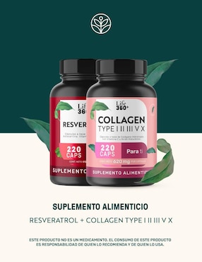 Pack Resveratrol + Colágeno Tipo I,II,III,V y X con ácido hialurónico Life360+ de 220 cápsulas