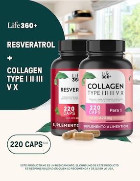 Pack Resveratrol + Colágeno Tipo I,II,III,V y X con ácido hialurónico Life360+ de 220 cápsulas