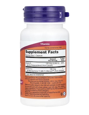 Mega vitamina D3 y MK-7, 5000 UI, 180 mcg, Now de 60 cápsulas