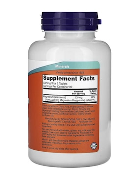 Glicinato de magnesio, 200 mg Now con magnesio de 180 cápsulas