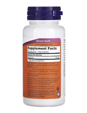 Melatonina de acción extra, 10 mg Now con melatonina de 100 cápsulas