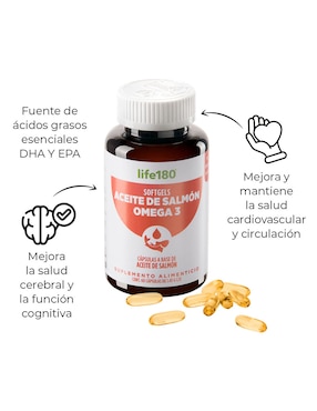 Softgels Life 180 con omega 3, aceite de salmón, dha y epa de 60 cápsulas