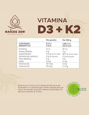 D3 + K2 Super Premium Raíces Zen de 120 cápsulas