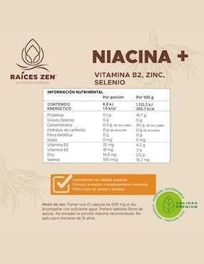 Niacina +Vitamina B2, Zinc y Selenio Super Premium Raíces Zen de 120 cápsulas