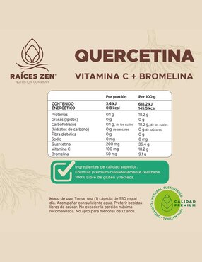 Quercetina Vitamina C + Bromelina Súper Premium Raíces Zen de 120 cápsulas