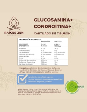 Glucosamina + Condroitina + Cartílago de tiburón Súper Premium Raíces Zen de 120 cápsulas