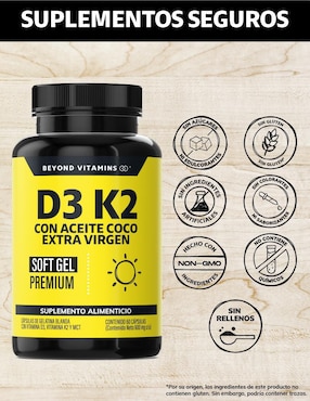 Vitamina D3 Vitamina K2 Aceite de Coco Soft Gel Beyond Vitamins de 60 cápsulas