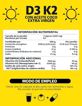 Vitamina D3 Vitamina K2 Aceite de Coco Soft Gel Beyond Vitamins de 60 cápsulas