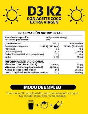 Vitamina D3 Vitamina K2 Aceite de Coco Soft Gel Beyond Vitamins de 180 cápsulas