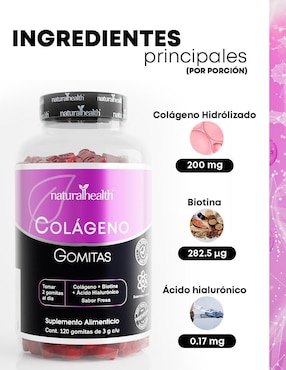 Gomitas de Colágeno, Biotina y Ácido Hialurónico Natural Health Natural Health sabor fresa de 360 g
