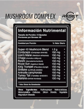 Reset Nutrition Mushroom Complex – 10 Hongos Adaptógenos para Energía, Memoria, Inmunidad y Antioxidantes Reset Nutrition con hongos cola de pavo reishi maitake shiitake y chaga