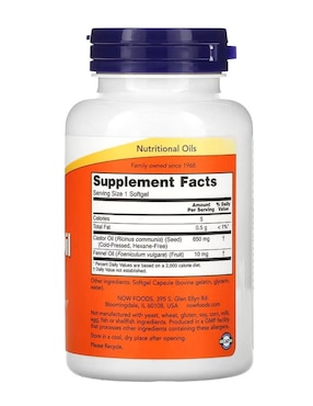 Aceite de ricino, 650 mg Now con cafeína sabor naranja de 120 cápsulas