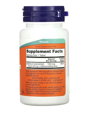 Selenio, 100 mcg Now con selenio de 100 tabletas