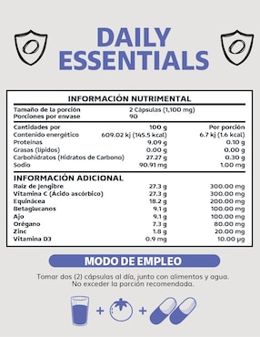 Daily Essentials Vitamina C Betaglucanos Vegano Beyond Vitamins sabor natural de 180 cápsulas