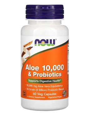 Aloe Vera Orgánica 10, 000 mg y probióticos Now con aloe barbadensis de 60 cápsulas