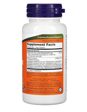 Aloe Vera Orgánica 10, 000 mg y probióticos Now con aloe barbadensis de 60 cápsulas