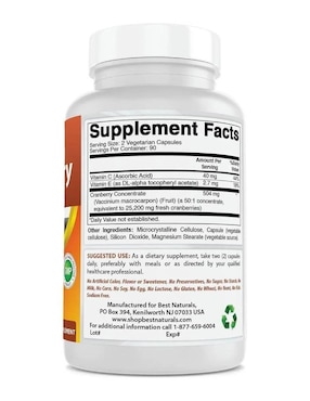 Cranberry Concentrate 12600 mg – Salud Urinaria, Antioxidante y Refuerzo Inmunológico con Vitaminas C y E Best Naturals con arándano de 180 cápsulas