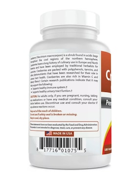 Cranberry Concentrate 12600 mg – Salud Urinaria, Antioxidante y Refuerzo Inmunológico con Vitaminas C y E Best Naturals con arándano de 180 cápsulas