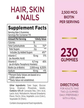 Gomitas vitamínicas para el cabello, la piel y las uñas Natures Bounty con biotina, vitamina e sabor fresa de 230 g