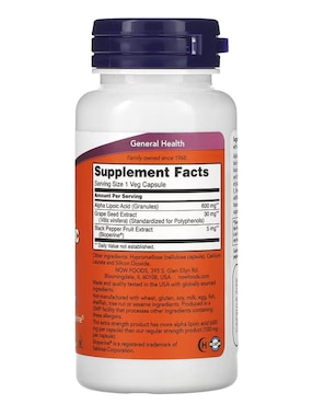 Ácido alfa-lipoico, Concentración extra, 600 mg Now con ácido alfa lipoico de 60 cápsulas