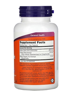 Ácido alfa-lipoico, Concentración extra, 600 mg Now con ácido alfa lipoico de 120 cápsulas