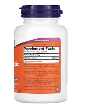 Ácido alfa-lipoico, 250 mg Now con ácido alfa lipoico de 120 cápsulas