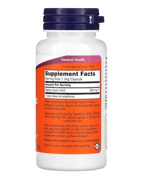 Ácido alfa-lipoico, 250 mg Now con ácido alfa lipoico de 60 cápsulas