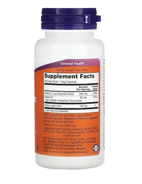 Ácido alfa-lipoico, 100 mg, vegetales Now de 60 cápsulas