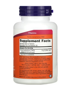 TMG Now Foods con trimetilglicina de 100 tabletas