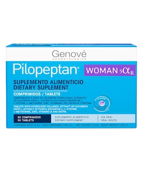 Pilopeptan woman 5 alpha r pilopeptan con comprimidos a base de colágeno hidrolizado,extracto de curcubita pepo l.,extracto de punica granatum l.,l-cistina,l-metionna,zinc,vitaminas del grupo b y biotina