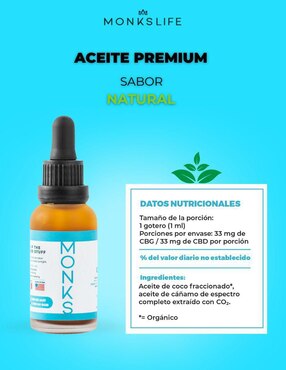 Aceite Premium Monkslife con CBD Y CBG sabor natural de 30 ml
