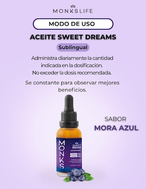 Aceite Sweet Dreams Monkslife con CBD y CBN sabor mora azul de 30 ml