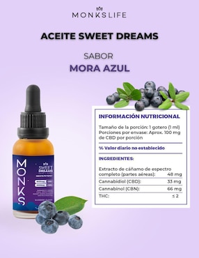 Aceite Sweet Dreams Monkslife con CBD y CBN sabor mora azul de 30 ml