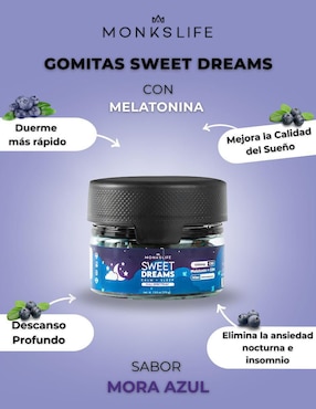 Gomitas Sweet Dreams Monkslife con CBD, CBN y melatonina sabor mora azul de 60 gomitas