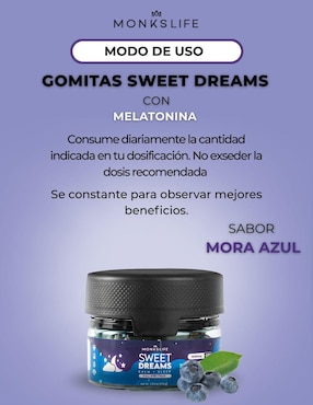 Gomitas Sweet Dreams Monkslife con CBD, CBN y melatonina sabor mora azul de 60 gomitas