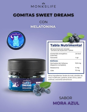 Gomitas Sweet Dreams Monkslife con CBD, CBN y melatonina sabor mora azul de 60 gomitas
