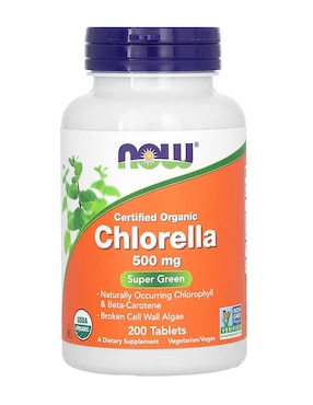 Clorela orgánica certificada, 500 mg Now con clorela de 200 tabletas
