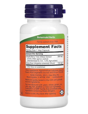 Extracto de Saucegatillo Vitex Now con vitaminas y minerales de 90 cápsulas