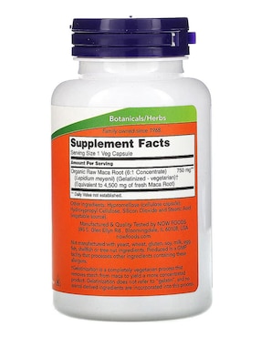 Raw Maca, 750 mg, 90 Veg Capsules Now con maca de 90 cápsulas